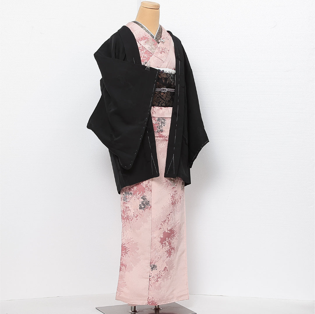 黒羽織 袷 身丈80cm 裄丈63cm 正絹 Aランク 一つ紋 (五三桐) 紋意匠 (雲取) セミフォーマル Sサイズ 黒系 RP 1233-13704