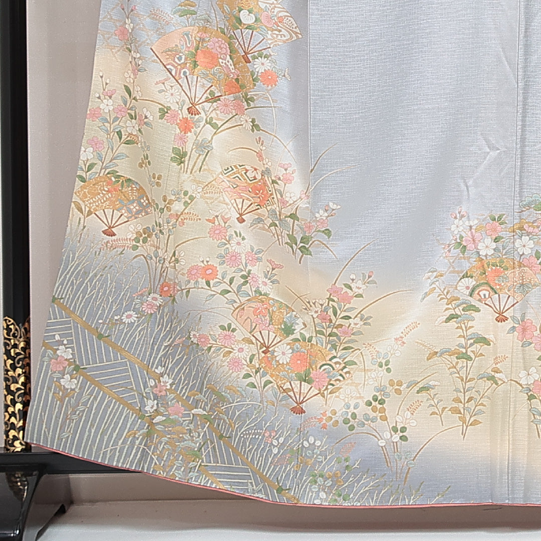 訪問着 袷 身丈160cm 裄丈65cm 正絹 Aランク Lサイズ 広衿 セミフォーマル 扇 グレー系 1212-14805