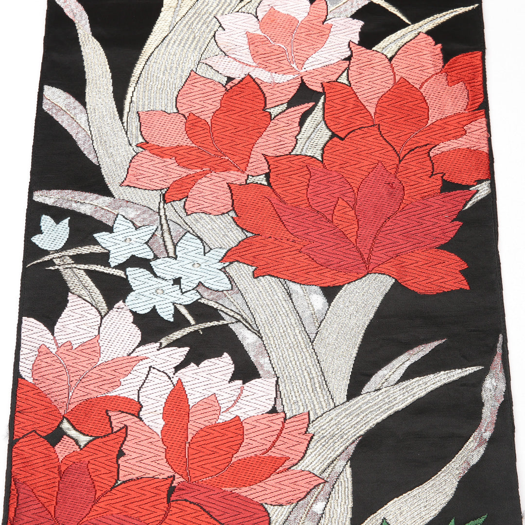 振袖用 袋帯 帯丈394cm 正絹 六通 芙蓉 金系 黒系 1243-01220
