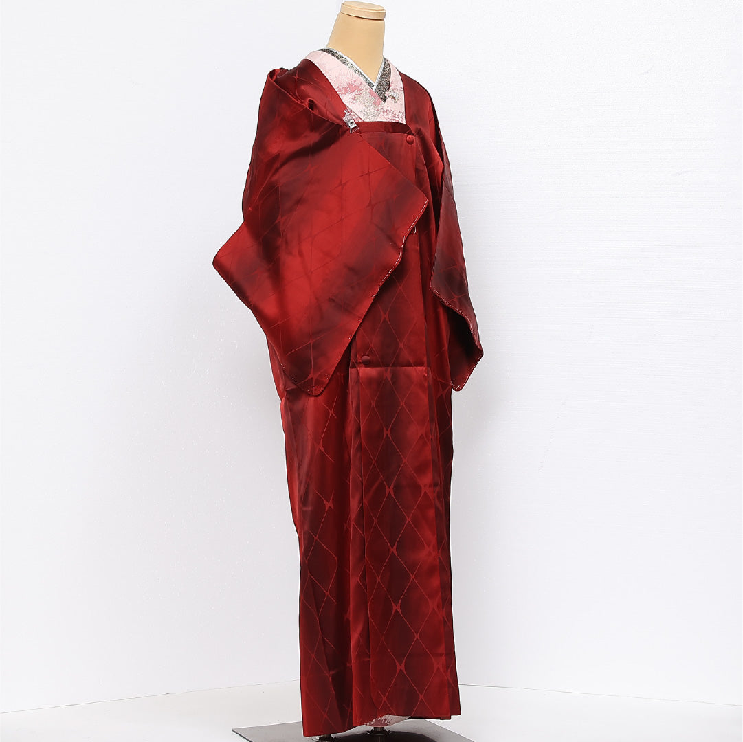 未使用品 道行コート 単衣 身丈138cm 裄丈68cm 正絹 Nランク カジュアル Lサイズ ぼかし染 ポケットあり しつけ糸 菱 赤系 RP 1237-13414