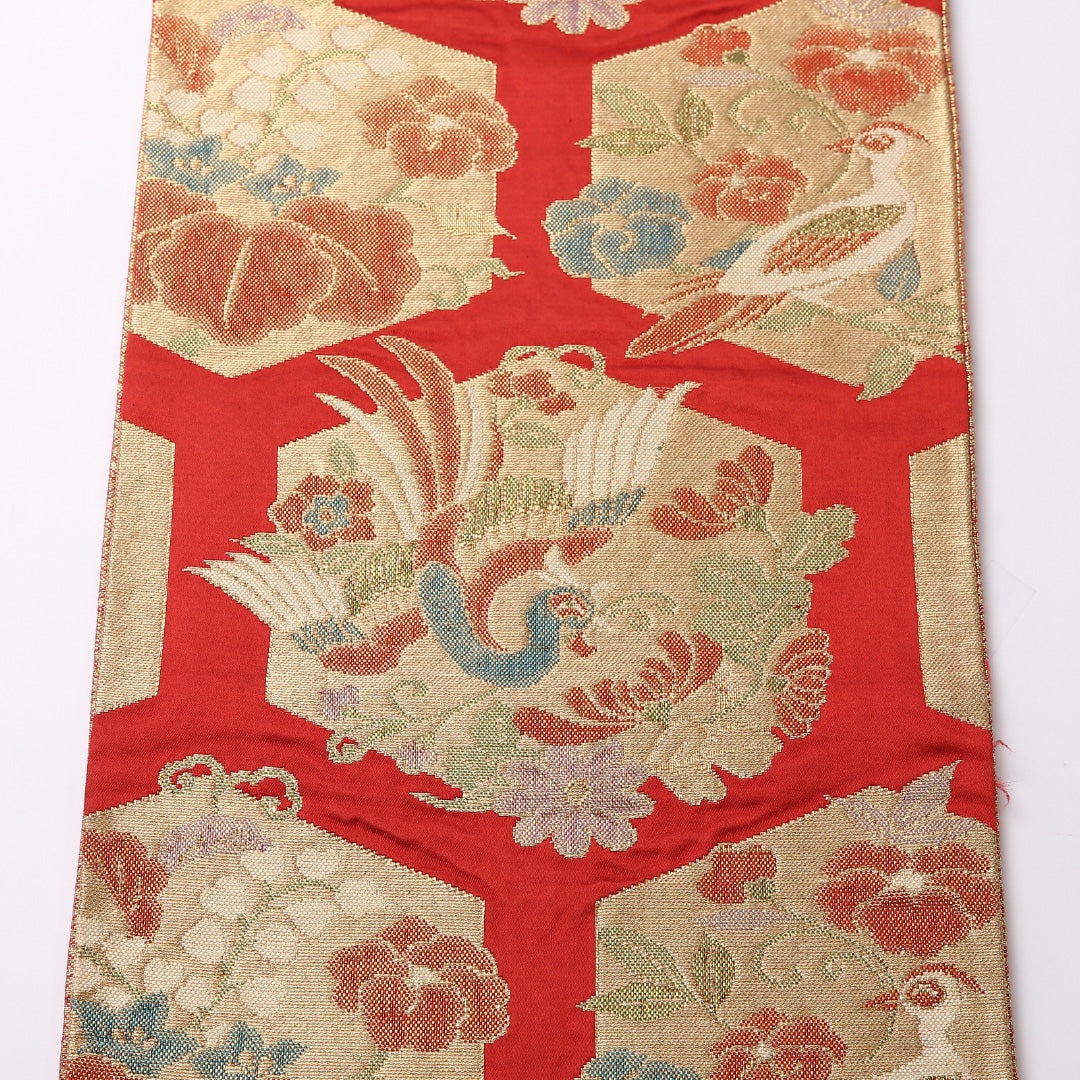 アンティーク 袋帯 帯丈414cm 六通 Aランク 正絹 花喰鳥 亀甲 古典的 重厚感 金系 1223-01530