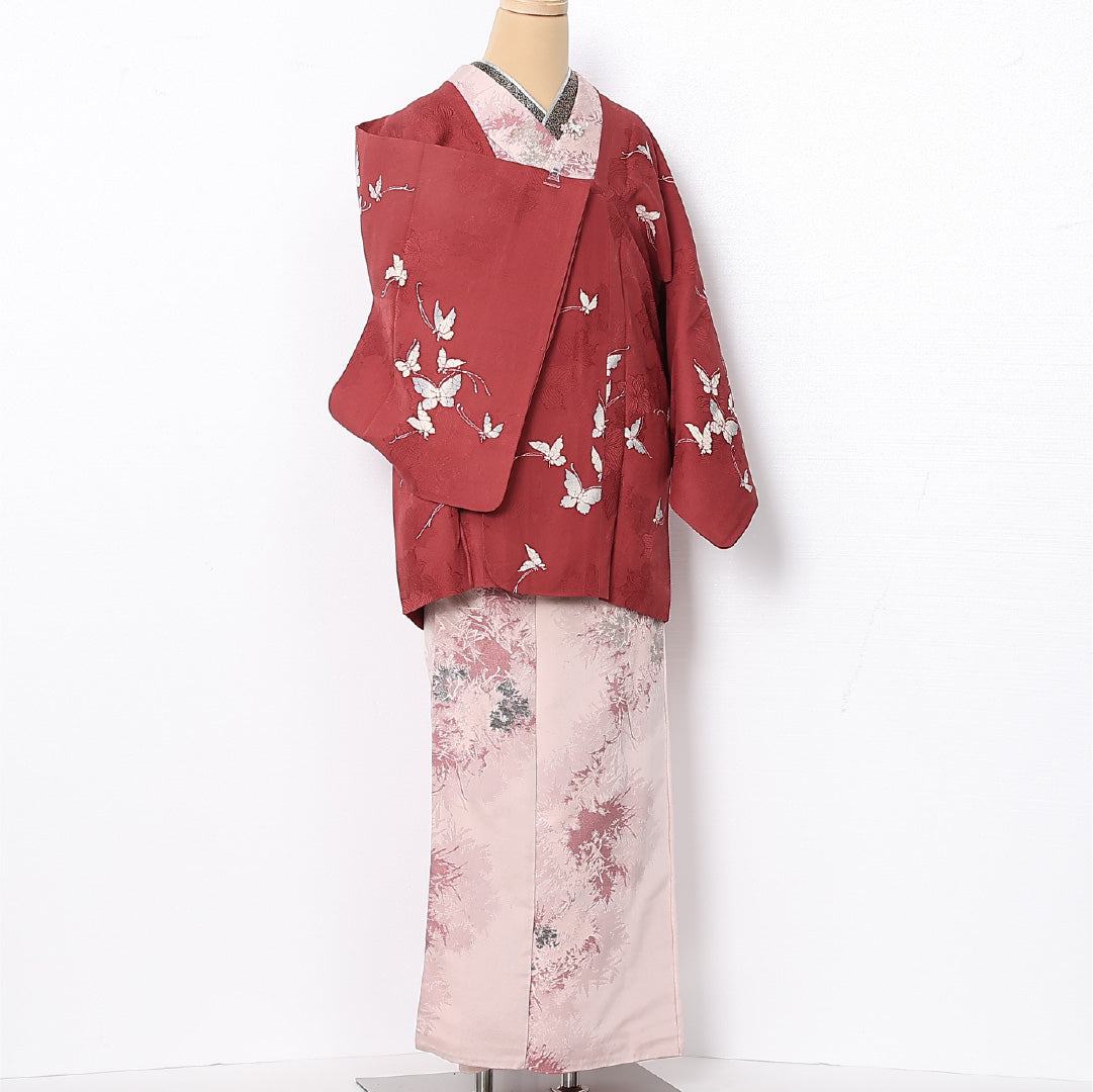 道行コート 袷 身丈79cm 裄丈62cm 正絹 Aランク インフォーマル Sサイズ 蝶 ピンク系 RP 1237-12866