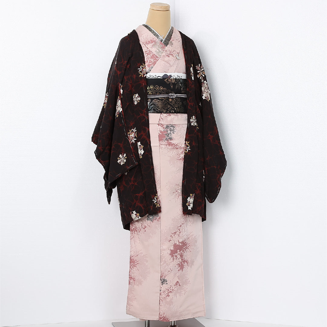 アンティーク 黒羽織 (錦紗) 単衣 身丈95cm 裄丈60cm 正絹 Aランク Sサイズ 雪花 黒系 M4 1233-12539