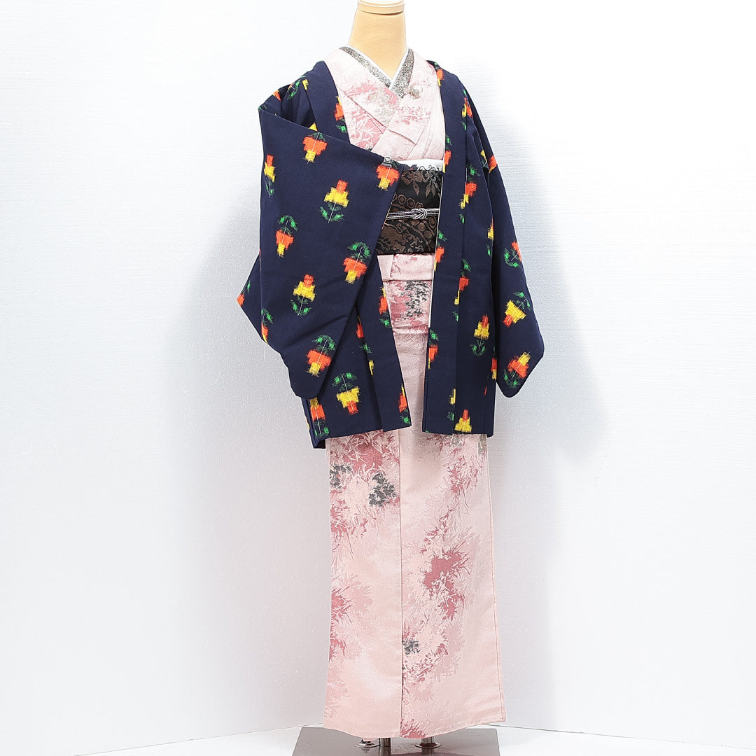 アンティーク 羽織（銘仙） 袷 身丈80cm 裄丈65cm 正絹 Aランク Mサイズ チューリップ 紺系 1217-14749