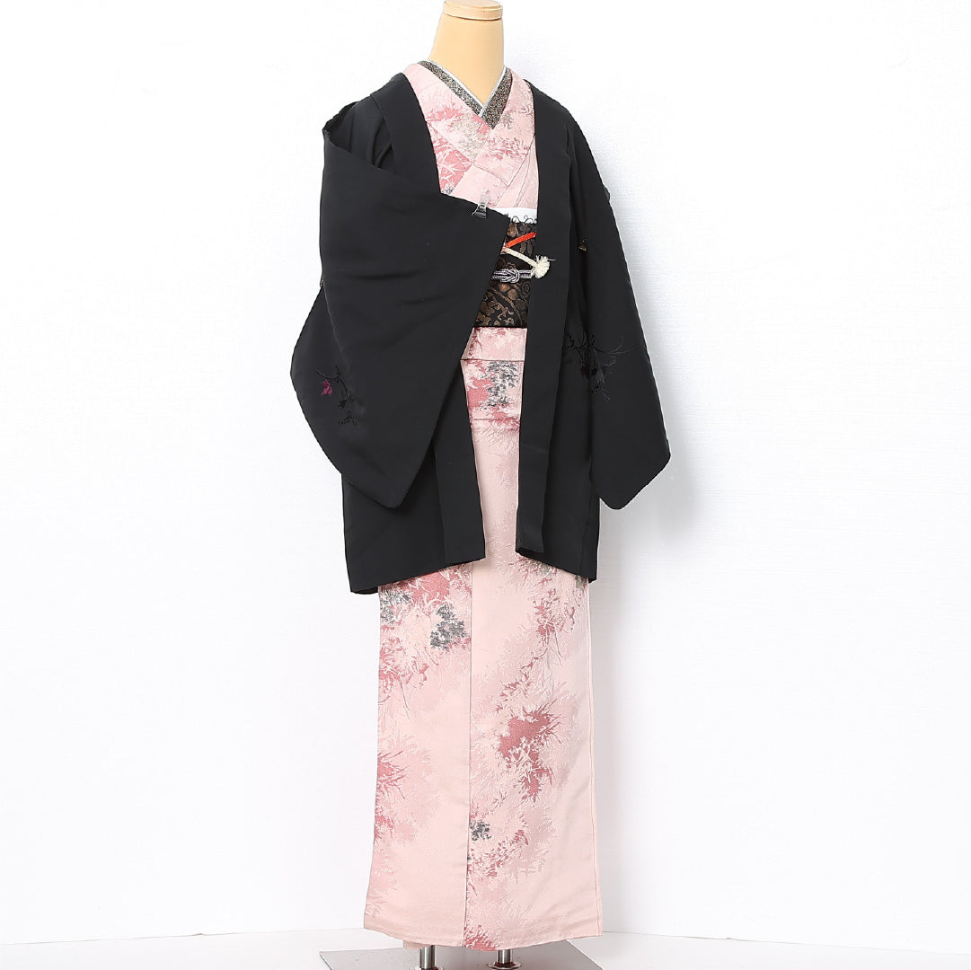 黒羽織 袷 身丈81cm 裄丈65cm 正絹 Sランク 一つ紋 (下り藤) セミフォーマル Mサイズ 紐あり 葡萄 黒系 RP 1233-12736