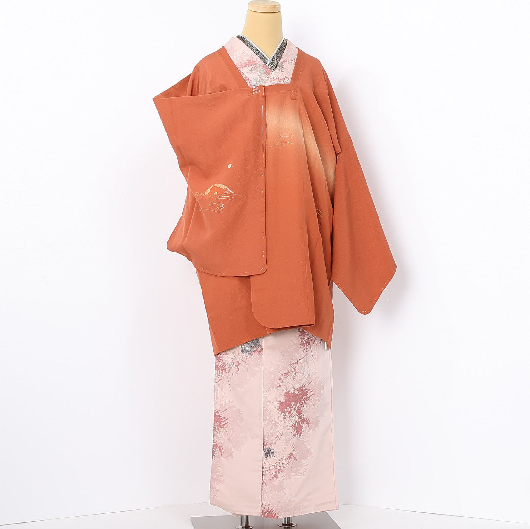 道行コート 袷 身丈90cm 裄丈68cm 正絹 Sランク セミフォーマル Lサイズ 金駒刺繍 ポケットあり 源氏車 千鳥 茶系 RP 1237-12577