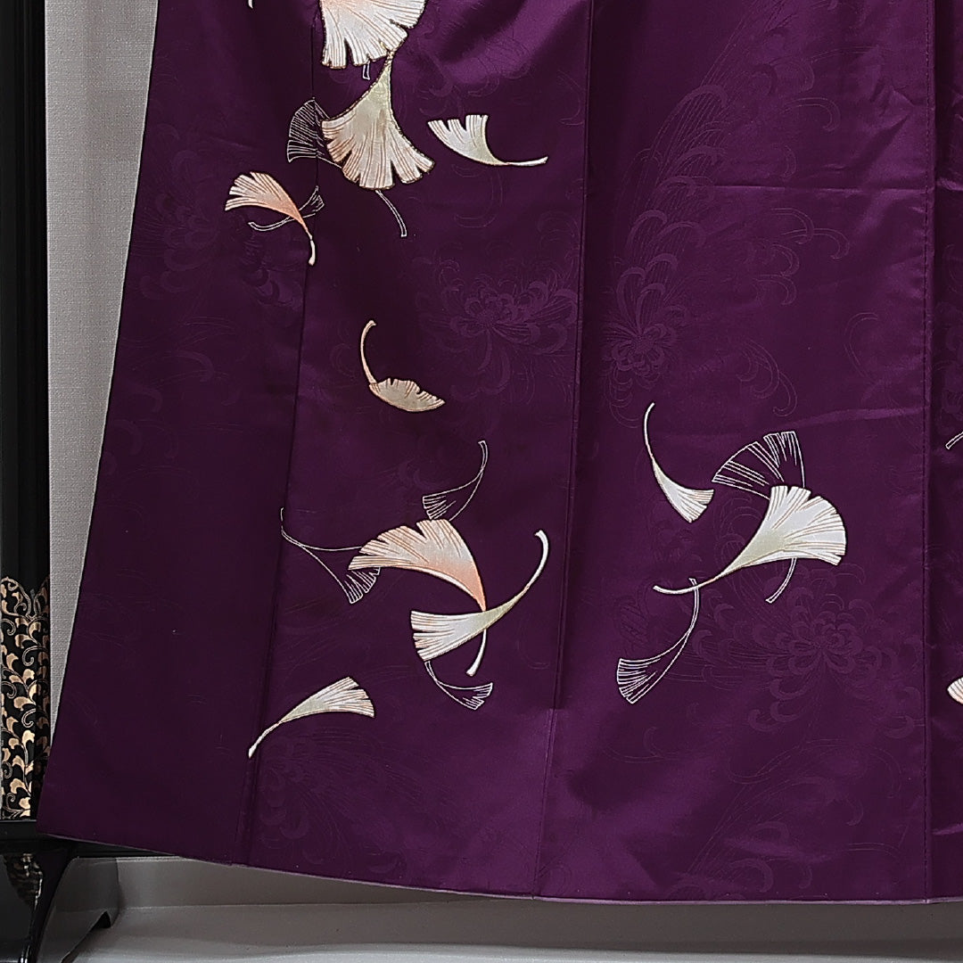 訪問着 洗える着物 袷 身丈157cm 裄丈64cm ポリエステル Cランク Mサイズ 広衿 セミフォーマル 紋意匠 菊 銀杏 紫系 1212-14992