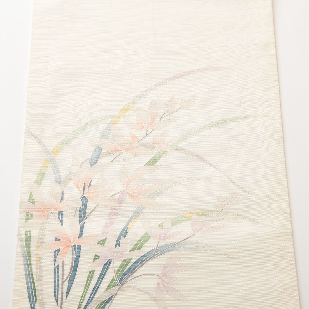 夏物 名古屋帯 ポイント柄 帯丈380cm カジュアル Sランク 正絹 絽 綴れ織 花柄 白系 1224-01988