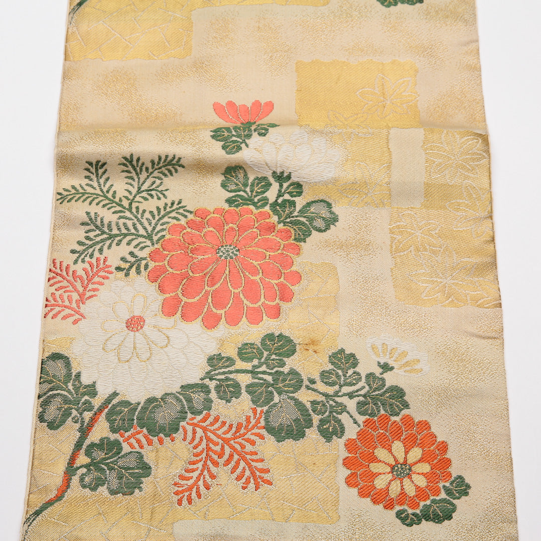 アンティーク 九寸名古屋帯 Cランク 帯丈332cm 正絹 六通 名古屋仕立て 織り 菊 ベージュ系 M4 1245-01795