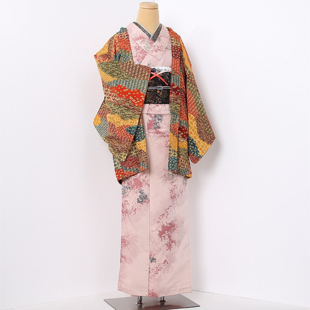 羽織 袷 身丈80cm 裄丈62cm 正絹 Sランク カジュアル Sサイズ 紐あり 証紙 多色系 RP 1232-12720