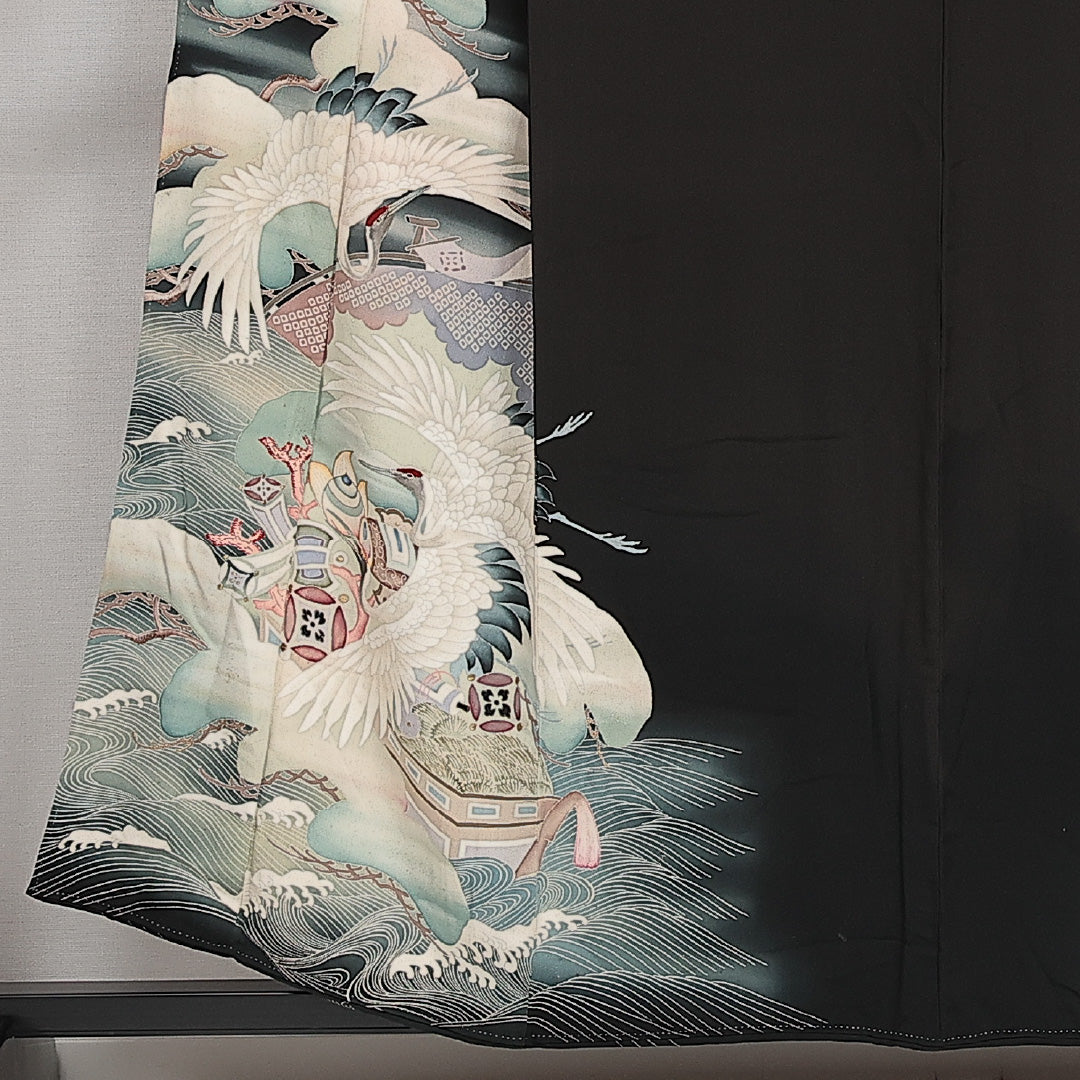アンティーク 黒留袖 五つ紋 桔梗 身丈152cm 裄丈61cm Cランク 正絹 袷 広衿 S 小鼓 鶴 レトロ 華やか 黒系 1211-F0599