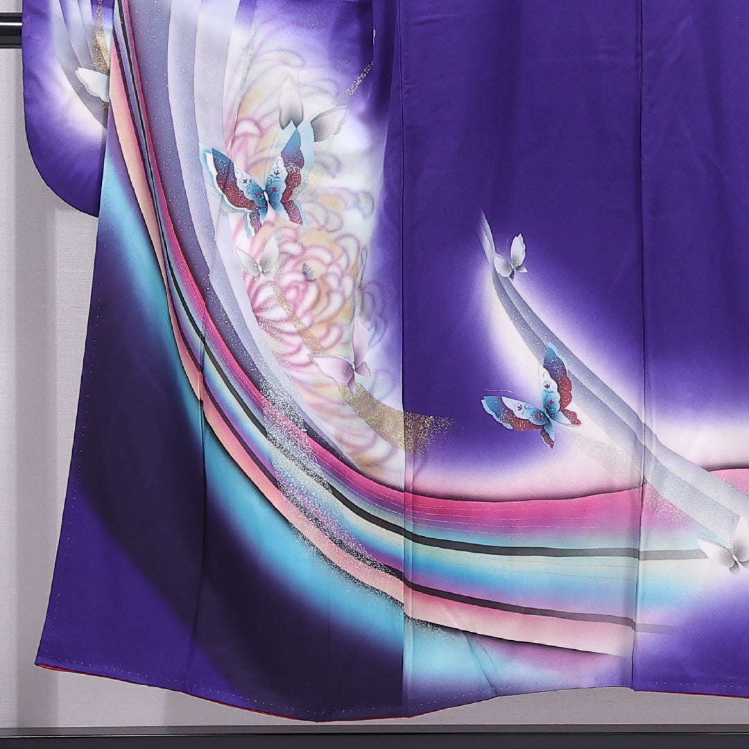 振袖 身丈150cm 裄丈64cm 袷 正絹 Aランク 広衿 蝶 ぼかし ラメ 虹 1213-F0419