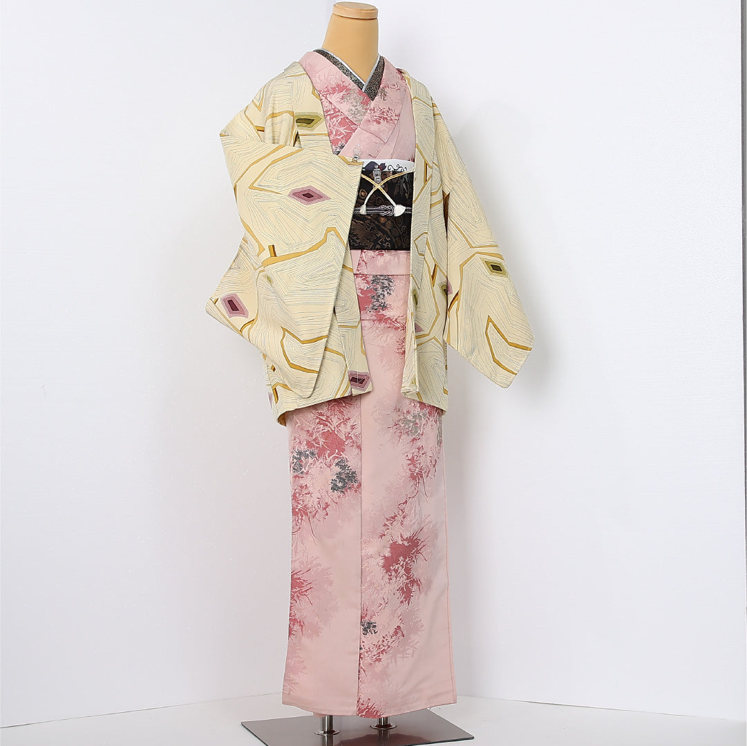 羽織 袷 身丈74cm 裄丈62cm 正絹 Sランク カジュアル Sサイズ 紐あり 幾何学柄 黄系 RP 1232-12620