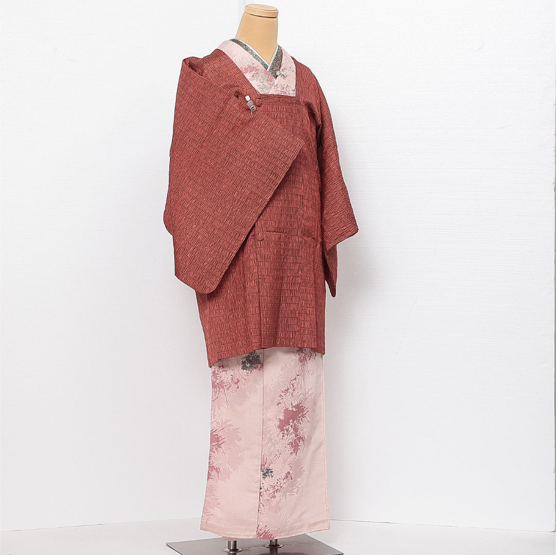 道行コート 袷 身丈90cm 裄丈65cm 正絹 Aランク フォーマル Mサイズ ふくれ織 ポケットあり 創作柄 茶系 RP 1237-13694