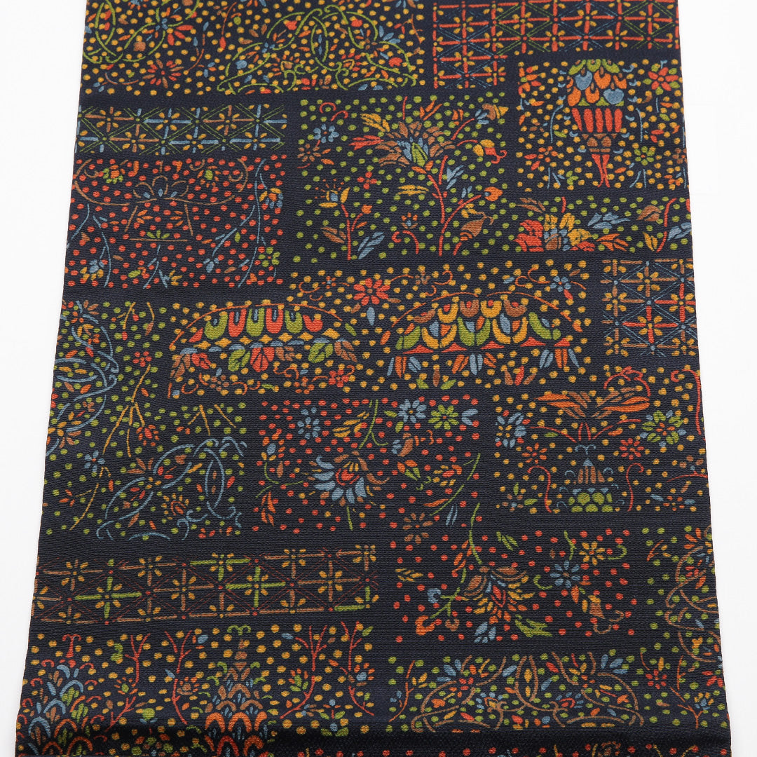 未使用品 九寸名古屋帯 Nランク 帯丈371cm 正絹 六通 名古屋仕立て 染め インフォーマル 塩瀬 創作柄 紺系 RP 1245-01772