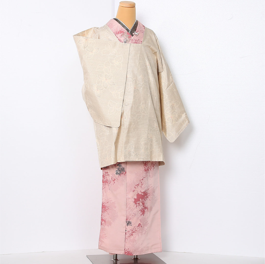 道行コート (白大島紬) 袷 身丈88cm 裄丈66cm 正絹 Aランク カジュアル Mサイズ 花柄 クリーム系 M4 1237-12913