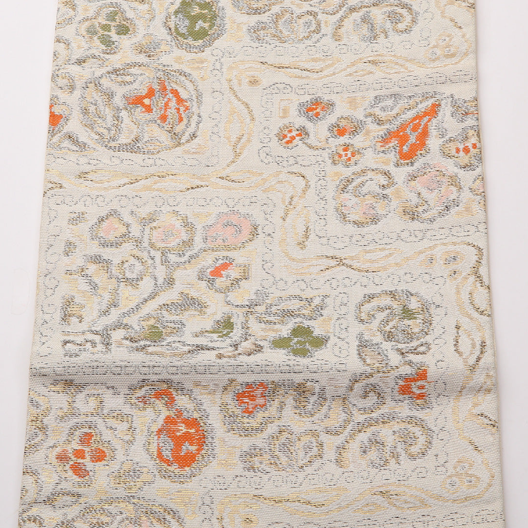 アンティーク 名古屋帯 六通 帯丈325cm Aランク 正絹 唐華 花柄 クリーム系 1224-02370