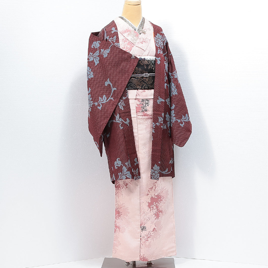 アンティーク 羽織（お召） 袷 身丈94cm 裄丈63cm 正絹 Aランク Sサイズ 唐華 赤系 茶系 1217-14759