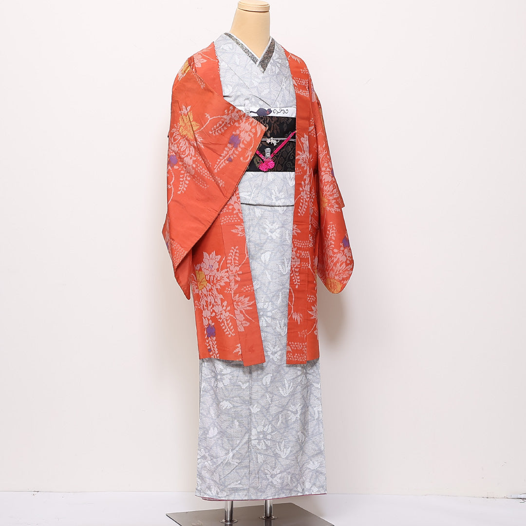 羽織 身丈96cm 裄丈64cm M 正絹 牡丹 紐あり 朱系 Cランク 1217-00850