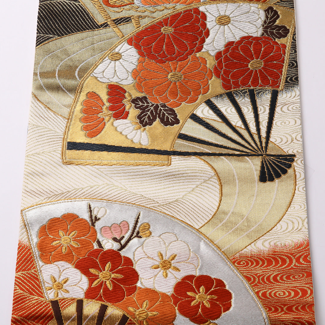 袋帯 帯丈432cm 六通 振袖帯 Sランク 正絹 唐織 吉祥文様 古典的 鮮やか 金系 1223-01550