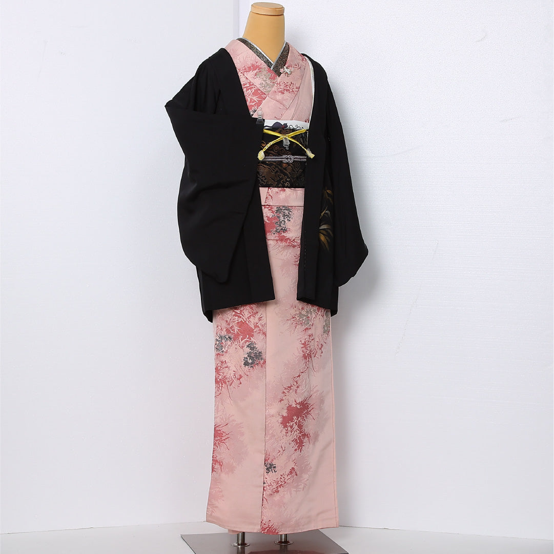 黒羽織 袷 身丈76cm 裄丈63cm 正絹 Sランク インフォーマル Sサイズ 紐あり 竹 黒系 RP 1233-12927