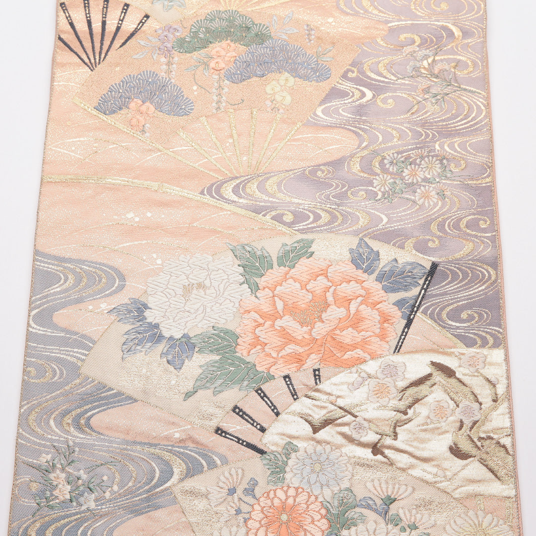 袋帯 帯丈428cm 正絹 六通 末広光琳文 フォーマル 琳派 九百錦 扇流し 光琳波 ピンク系 1243-01373
