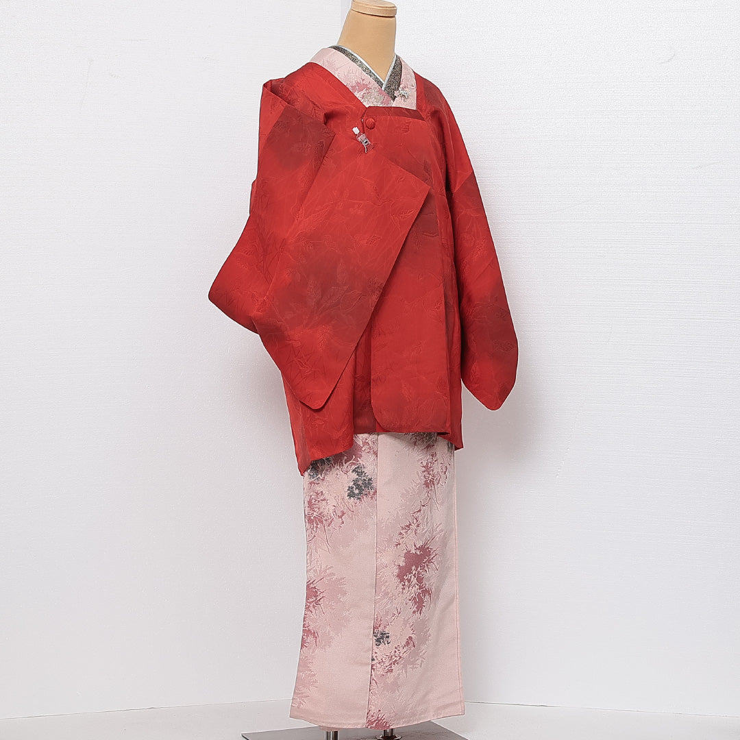 道行コート 袷 身丈82cm 裄丈65cm 正絹 Aランク 紋意匠 (植物柄) セミフォーマル Mサイズ ぼかし染 ポケットあり 赤系 RP 1237-13739