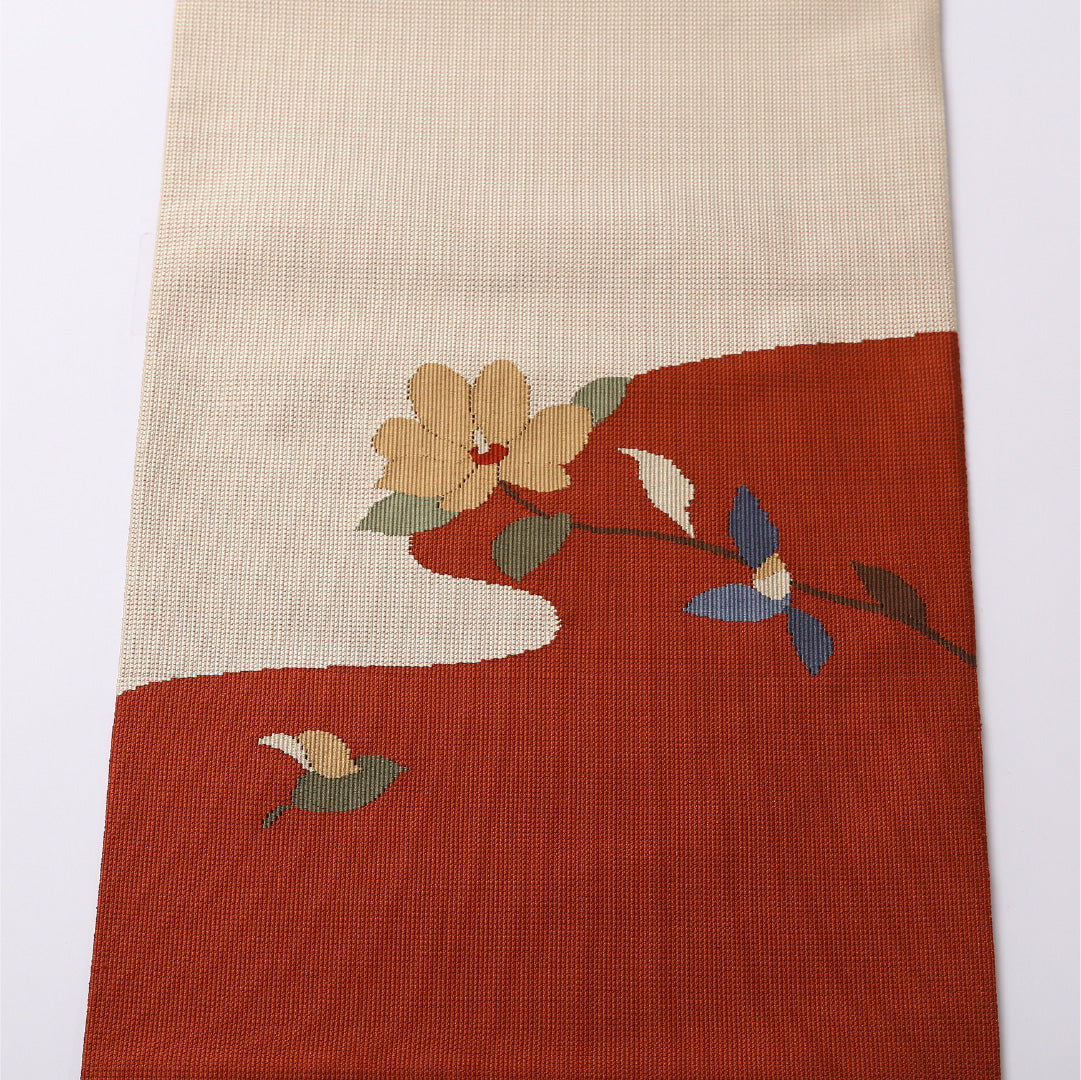 八寸名古屋帯 Sランク 帯丈369cm 正絹 ポイント柄 松葉仕立て 織り カジュアル 花柄 朱系 LP 1245-02680