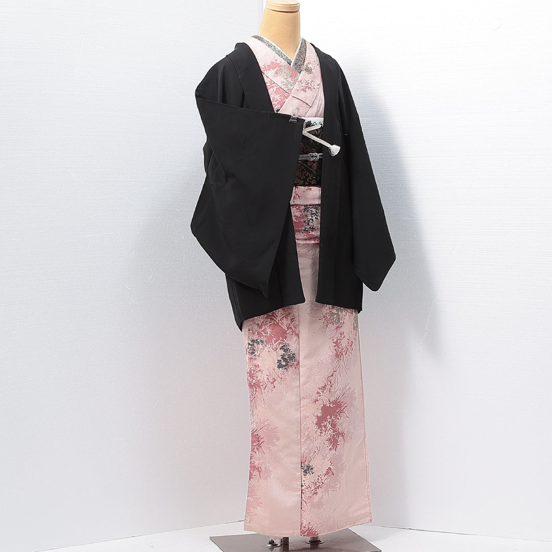 黒羽織 袷 身丈78cm 裄丈63cm 正絹 Aランク 一つ紋 (五三桐) 紋意匠 (花柄) セミフォーマル Sサイズ 紐あり 流水 花柄 無地 黒系 RP 1233-14626