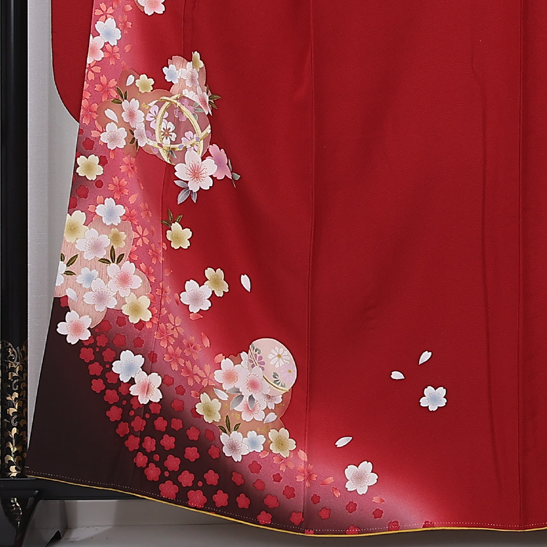 振袖 身丈160cm 裄丈66cm Sランク 正絹 袷 広衿 L 毬 桜 フォーマル 古典的 可愛らしい 赤系 1213-F0507