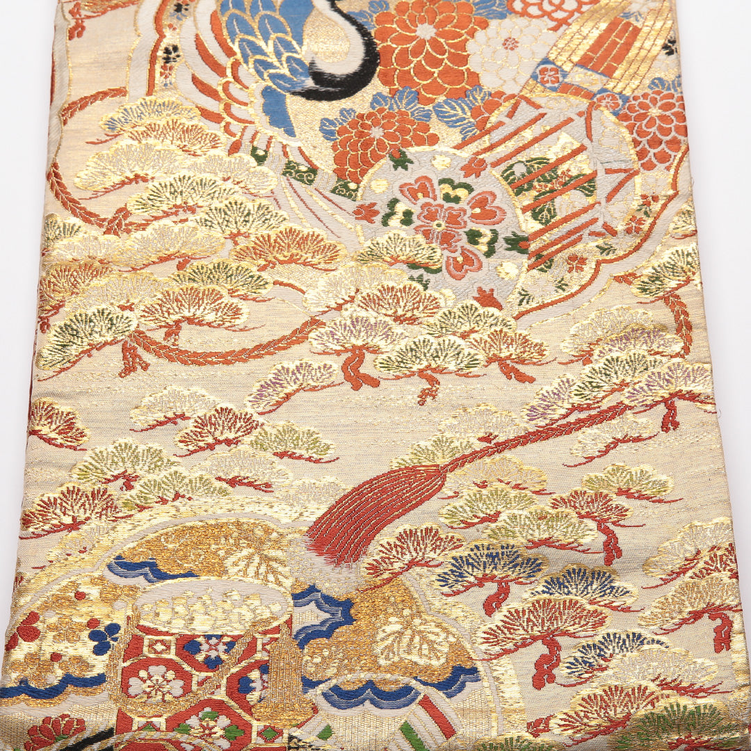 アンティーク 丸帯 帯丈416cm 正絹 全通 松鶴 御所解 金系 1242-01341