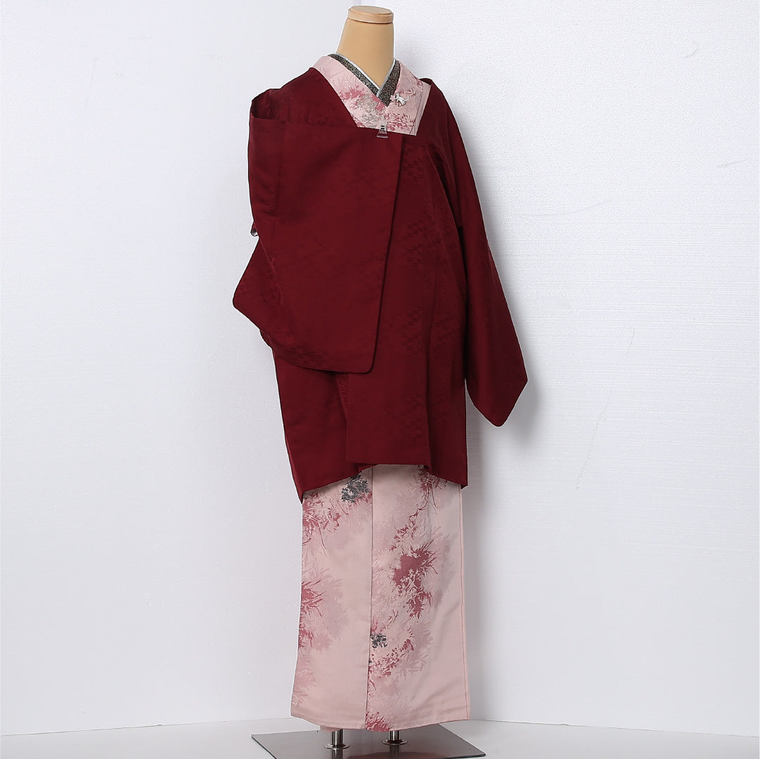 道行コート 袷 身丈89cm 裄丈66cm 正絹 Sランク セミフォーマル Mサイズ ポケットあり 矢絣 赤系 RP 1237-12857