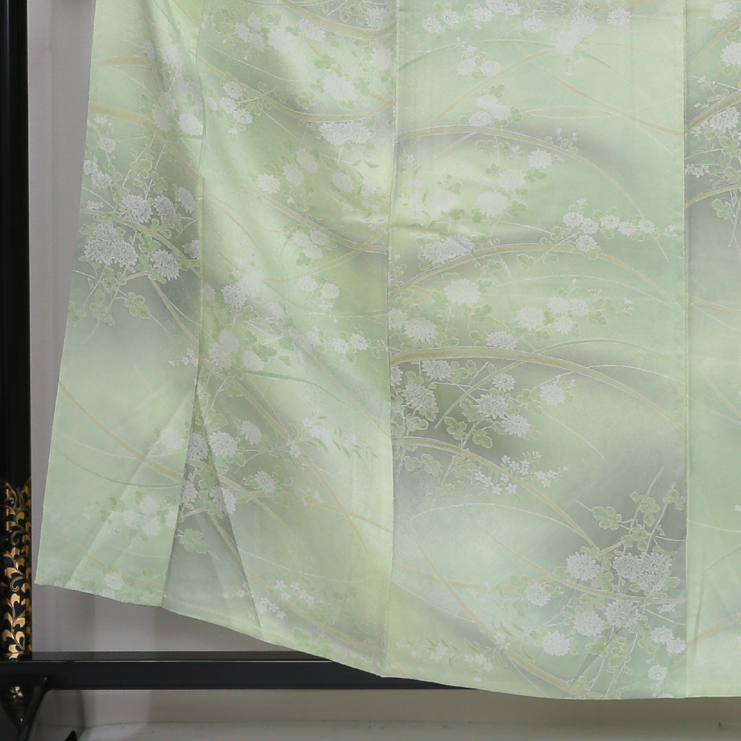 小紋 身丈156cm 裄丈66cm Sランク M 正絹 単衣 広衿 芝草 菊 カジュアル 緑系 1215-12325