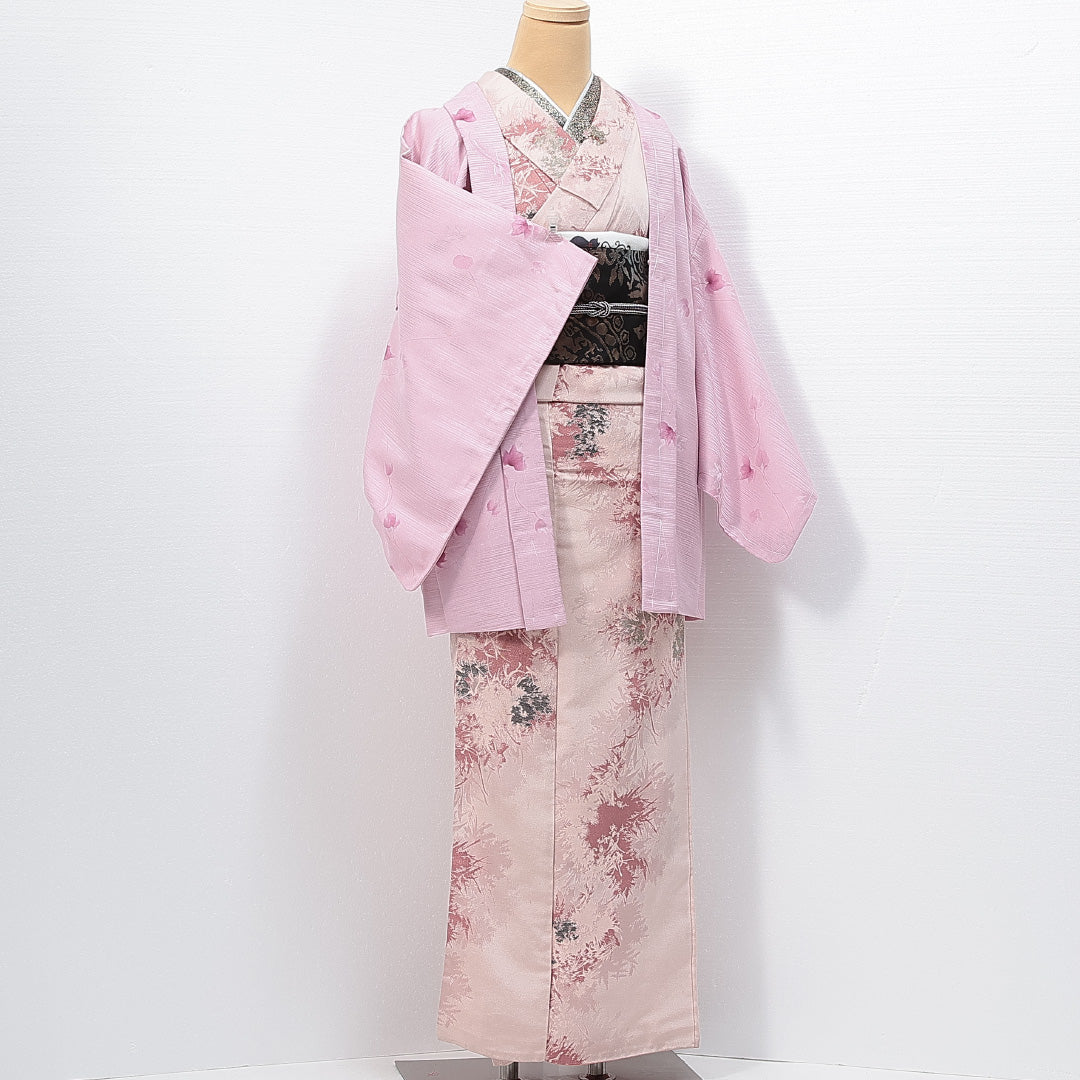 未使用品 洗える着物 羽織 袷 身丈79cm 裄丈63cm ポリエステル Nランク カジュアル Sサイズ 植物柄 ピンク系 RP 1232-14712