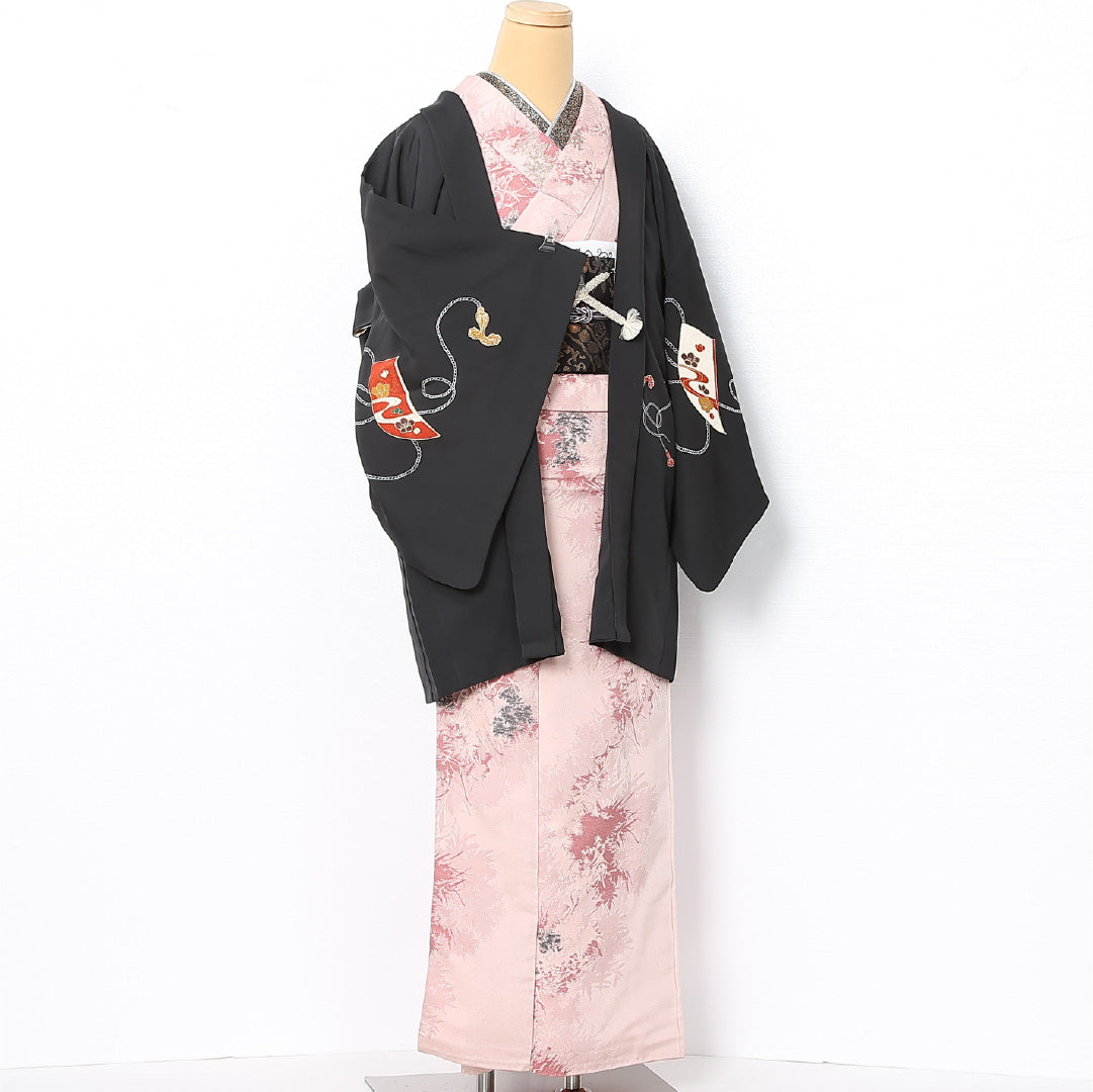 黒羽織 袷 身丈82cm 裄丈64cm 正絹 Cランク インフォーマル Mサイズ 紐あり 亀甲 牡丹 吉祥文様 黒系 LP 1233-12741