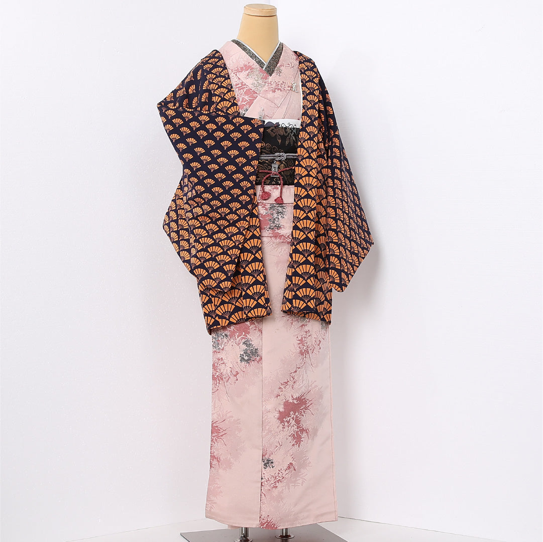 羽織 袷 身丈80cm 裄丈65cm 正絹 Aランク カジュアル Mサイズ 紐あり 扇 紺系 HP 1232-12723