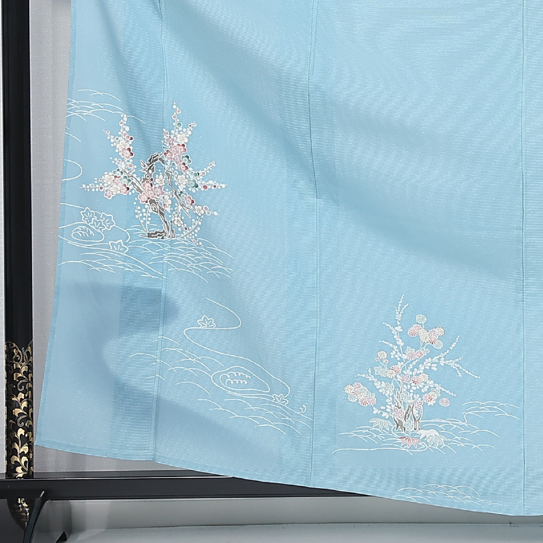 夏物 訪問着 身丈161cm 裄丈62cm Cランク L 正絹 絽 バチ衿 一つ紋 五三桐 流水 エ霞 紅葉 梅 フォーマル 水色系 1212-12060