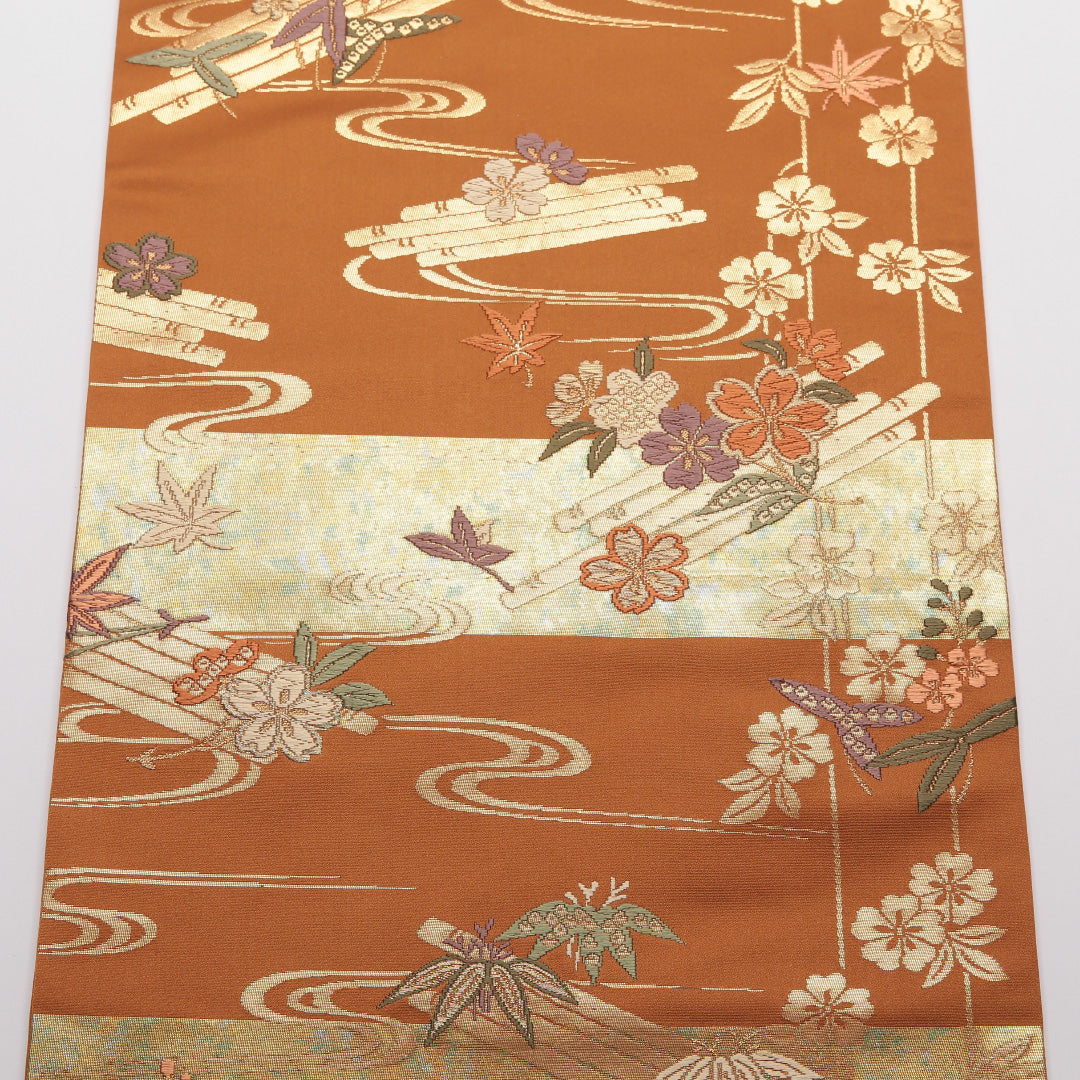 名古屋帯 帯丈359.5cm Sランク 名古屋仕立て 六通 正絹 桜 流水 笹 セミフォーマル 茶系 1224-01768