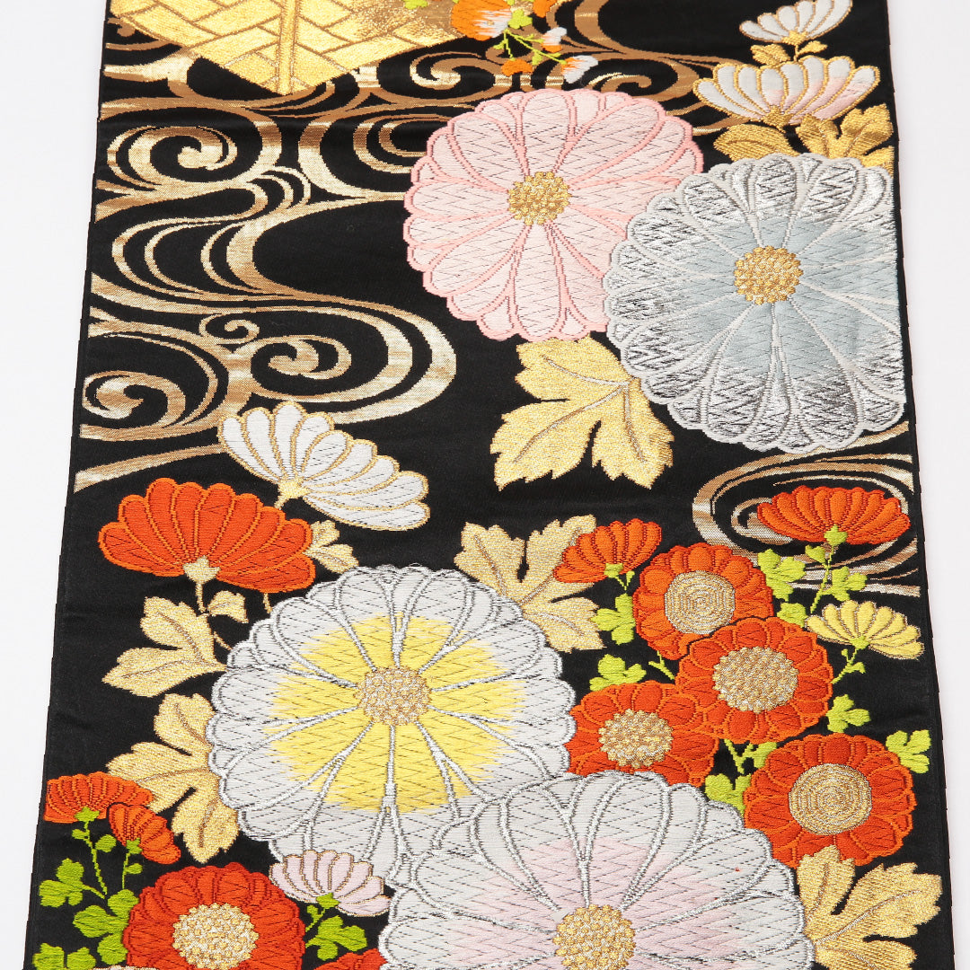袋帯 帯丈410cm 正絹 六通 フォーマル 観世水 菊 金箔 金系 黒系 1243-01221