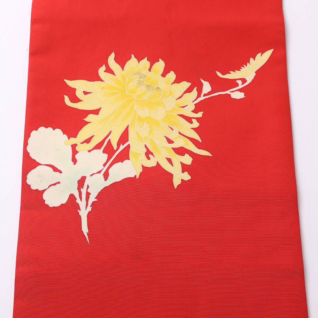 名古屋帯 ポイント柄 帯丈353cm カジュアル Bランク 正絹 塩瀬 菊 写実的 鮮やか 赤系 1224-02661