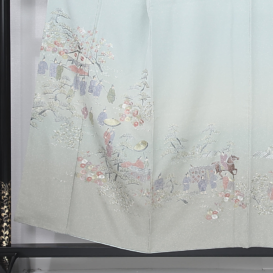 訪問着 身丈154cm 裄丈63.5cm Aランク S 正絹 袷 広衿 一つ紋 五三桐 落款 翠山刺繍 刺繍 ぼかし染 フォーマル 緑系 1212-12198