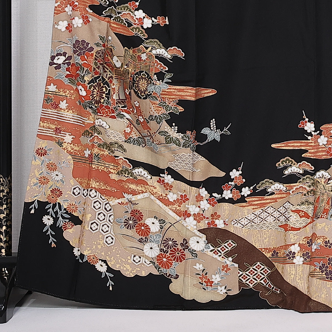 黒留袖 五つ紋 三つ柏 身丈165cm 裄丈64.5cm Sランク 正絹 袷 比翼 広衿 XL 吉祥文様 御所車 牡丹 フォーマル 黒系 1211-F0316