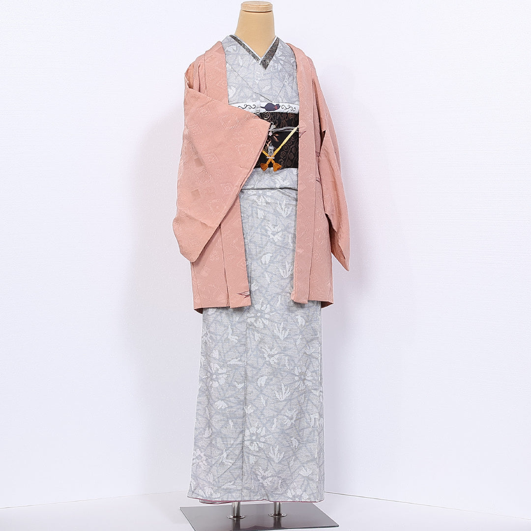 羽織 身丈80cm 裄丈61cm S 正絹 Aランク 袷 ふくれ織 紅葉 菊 笹 菱形 紐あり 1217-10252