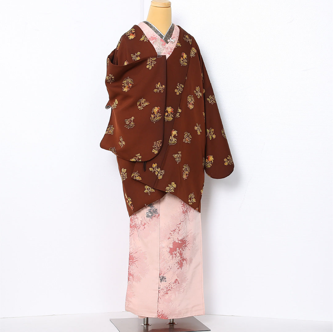 道中着 袷 身丈85cm 裄丈65cm 正絹 Bランク カジュアル Mサイズ 花柄 茶系 RP 1236-12907