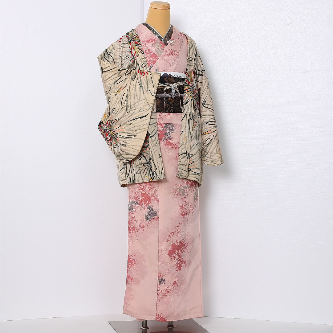 アンティーク 羽織 単衣 身丈73cm 裄丈64cm Cランク 正絹 Mサイズ 花柄 ベージュ系 独創的 華やか 1217-12917