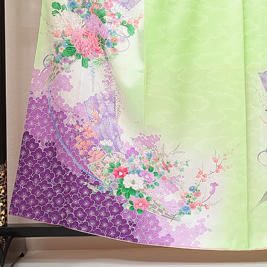 訪問着 洗える着物 袷 身丈158cm 裄丈62cm ポリエステル Bランク Mサイズ 広衿 セミフォーマル 吉祥文様 緑系 1212-14923