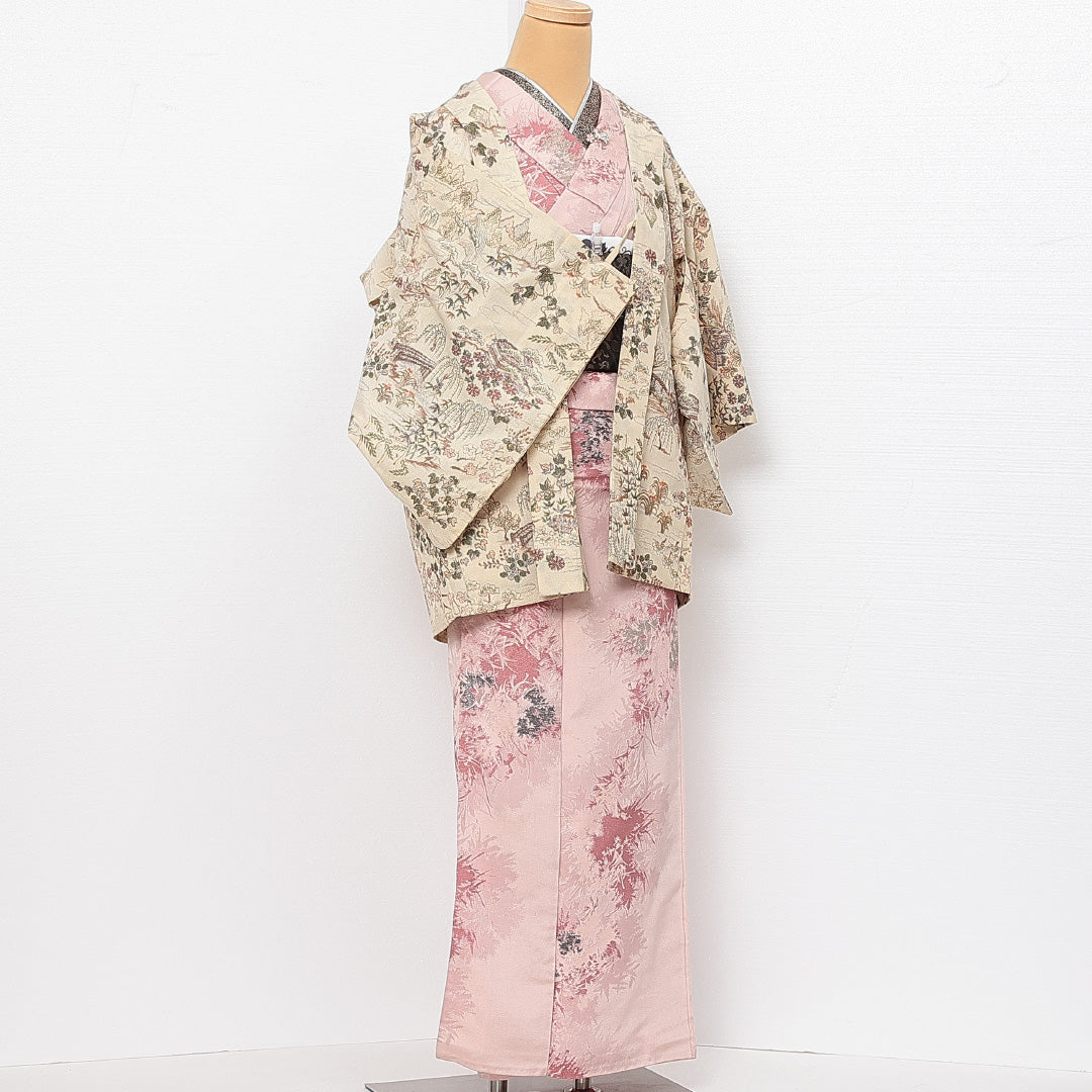 洗える着物 ウールの羽織 単衣 身丈77cm 裄丈62cm ウール Bランク カジュアル Sサイズ 紐あり 茶屋辻 楼閣 クリーム系 HP 1232-13909