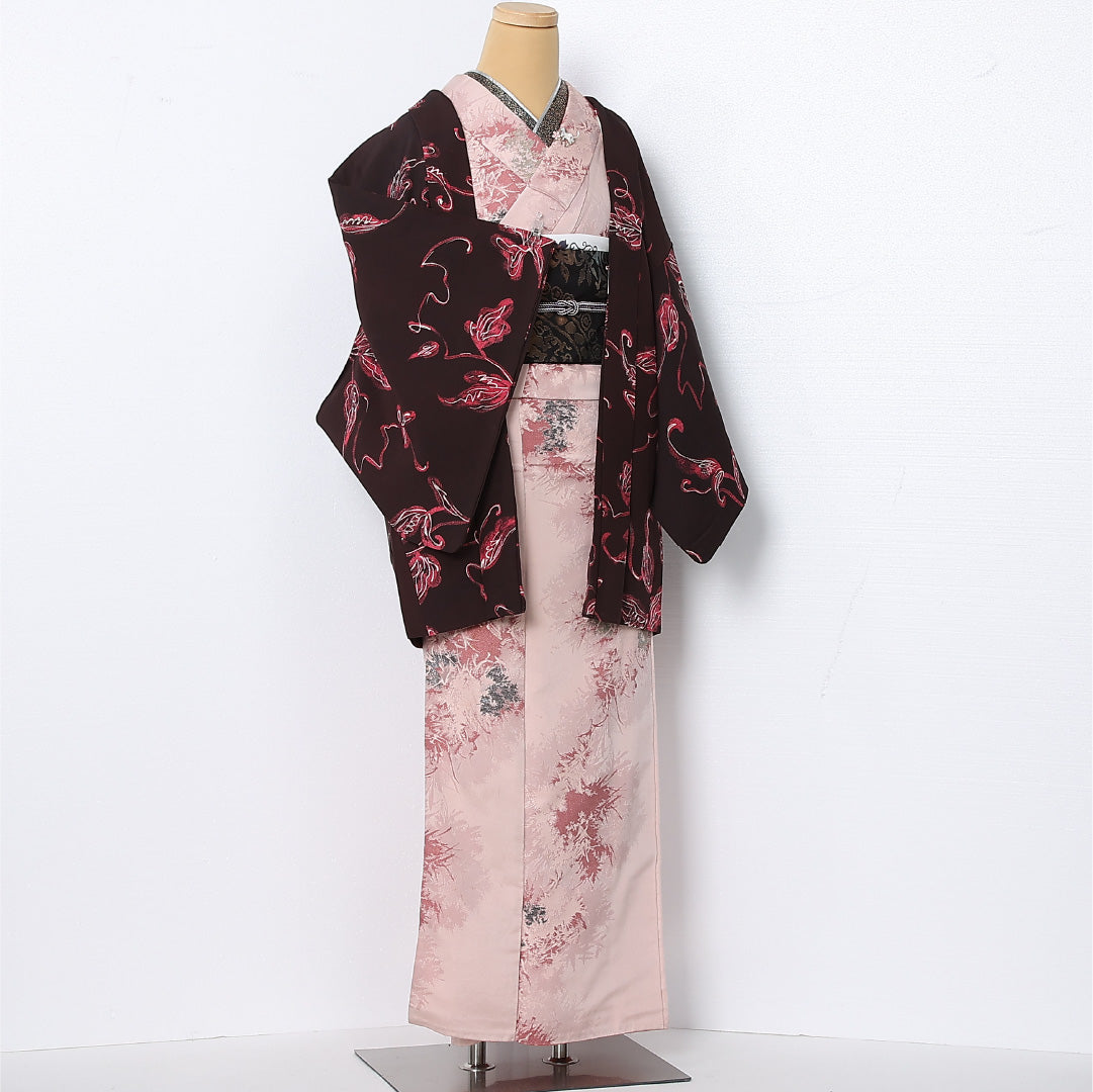 羽織 袷 身丈78cm 裄丈66cm 正絹 Cランク カジュアル Mサイズ 植物柄 茶系 HP 1232-12830