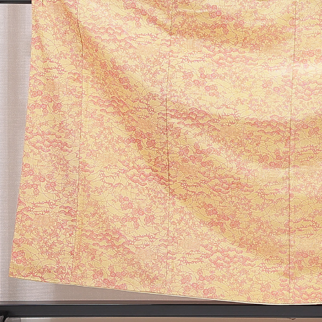 小紋 袷 身丈159cm 裄丈62cm 正絹 Cランク インフォーマル バチ衿 Mサイズ 古典柄 古典的 華やか 黄系 HP 1221-15738