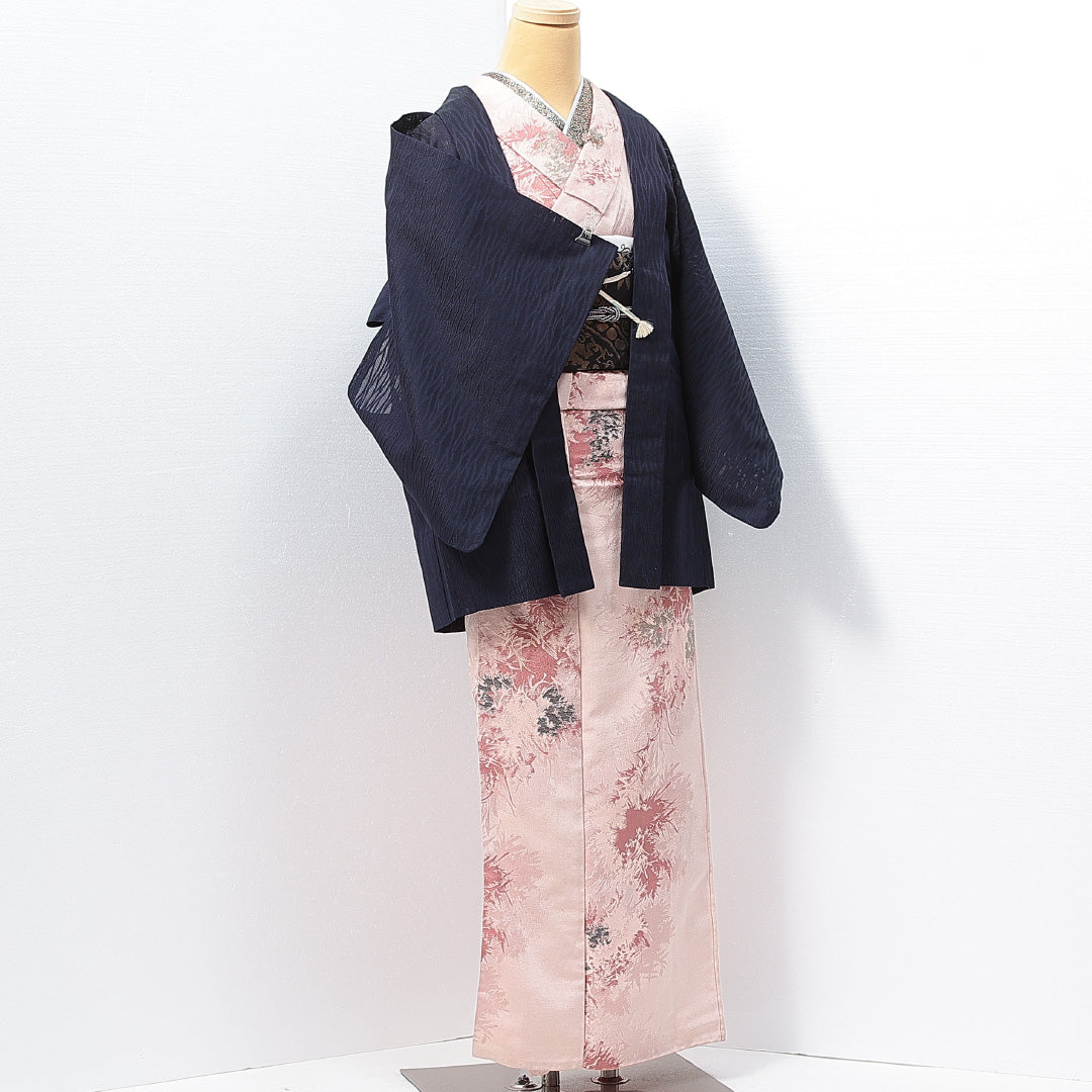 羽織 夏物 紗 身丈76cm 裄丈62cm 正絹 Sランク Sサイズ カジュアル 紐あり 織り出し 創作柄 紺系 1217-14648
